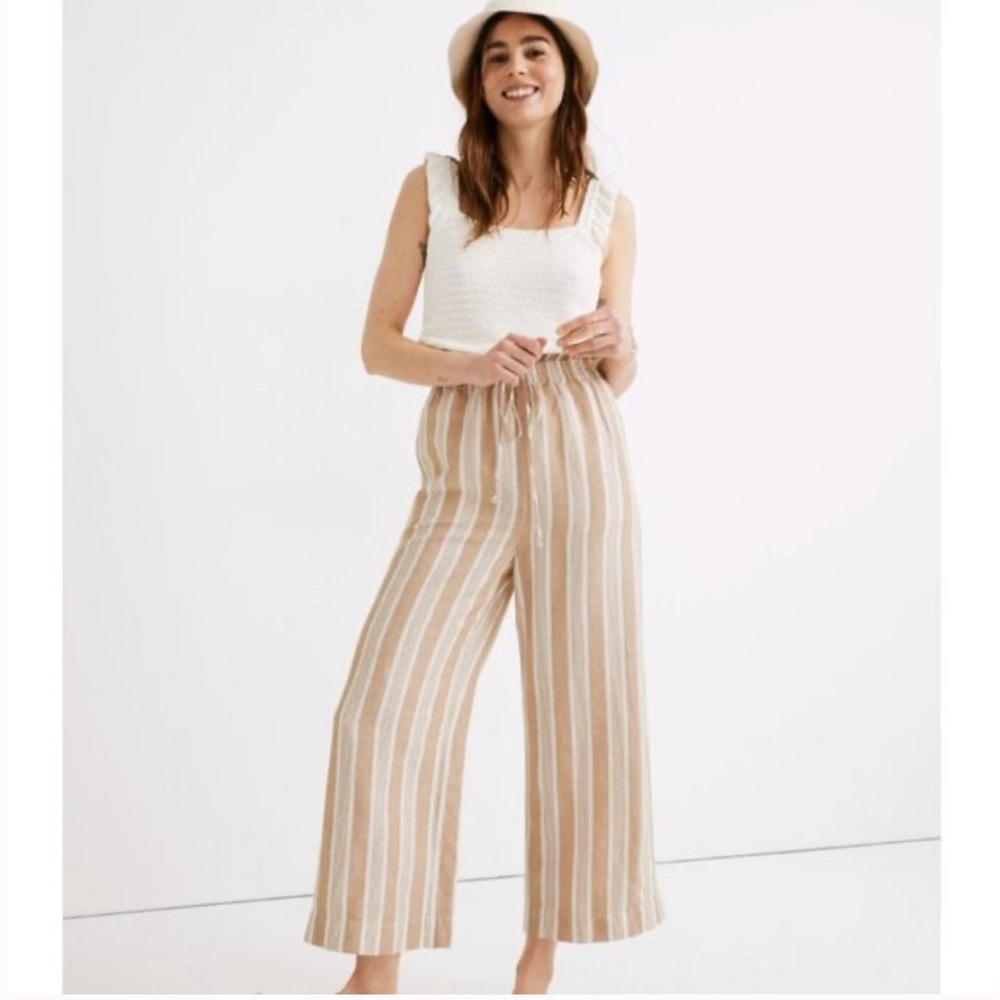 NEW Madewell Linen Beige Smocked Huston Pull-On Crop Pants in Stripe